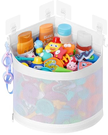 Bolsa Juguetes BañEra, Almacenamiento De Juguetes De BañO Con 4 Ganchos Autoadhesivos, Secado RáPido Bolsa Juguete BañEra Grande(Blanco)