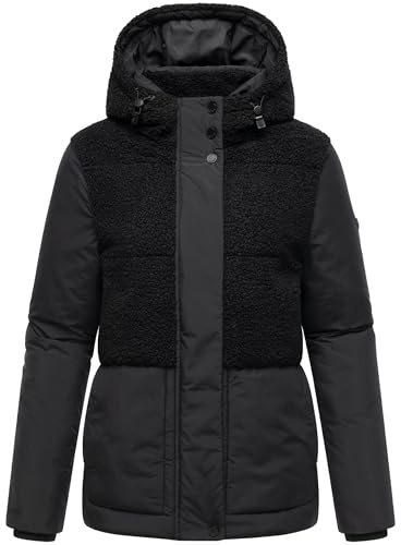 MARIKOO Damen Teddy-Fleecejacke warme Winterjacke Plüschjacke in angesagtem Materialmix mit Kapuze Sheeta 16 XS-3XL