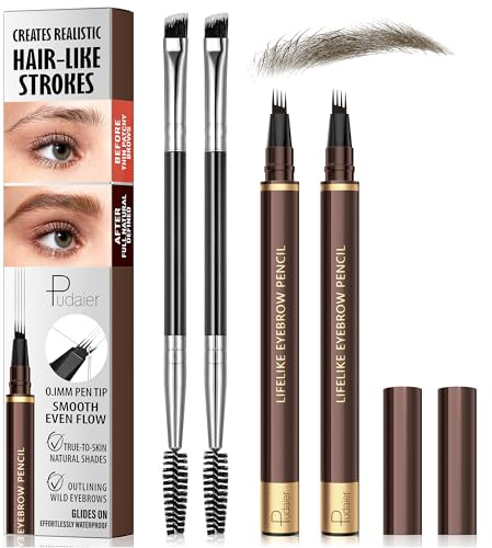 2 Pack 4-Tip Microblading Eyebrow Pen with 2 Brow Brushes, Waterproof Vegan Formula Eyebrow Pencils for Women to Effortlessly Create Natural Hair-Like Strokes, All-Day Wear, Medium Brown