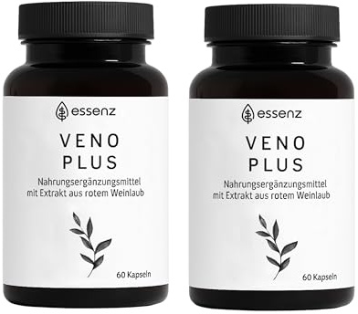 ESSENZ – Veno Plus 2 x 60 Kapseln – Nahrungsergänzungsmittel mit pflanzlichen Extrakten (Rotes Weinlaub, Steinklee, Hamamelis, Tigerkraut, Traubenkern) – vegan & glutenfrei, made in Germany