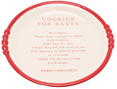 Widdop Cookies for Santa Grande assiette de Noël en céramique – Plat de service à bord rouge avec texte festif – Parfait pour les biscuits, les friandises et les cookies du Père Noël – 30 cm