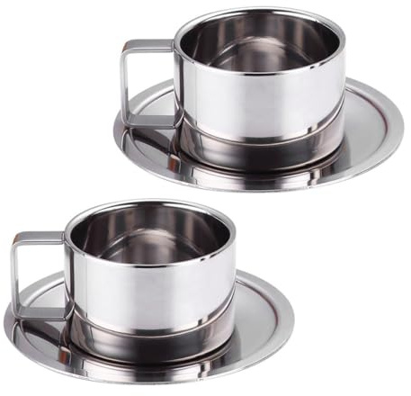 OSALADI Set 2 Tazze da Caffè in Acciaio Inox 304 con Piattini 200Ml Tazzine da Espresso Portatili con Manico Antiscivolo Bicchieri per Tè e Acqua per Uso Domestico e Ufficio