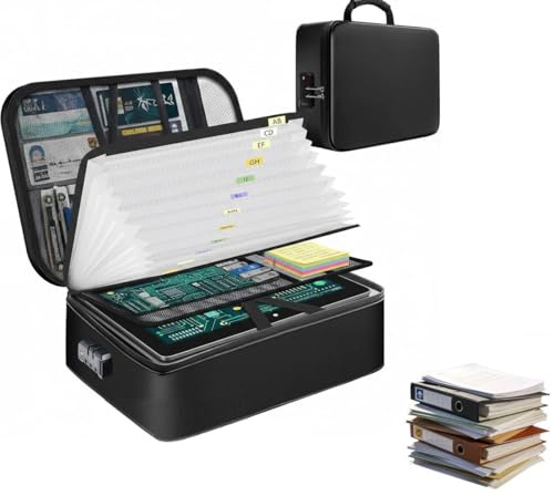 Bolsa Ignífuga para Documentos, Portadocumentos, Carpeta Clasificadora Acordeón Impermeable con 7 Compartimentos y Cerradura, Gran Capacidad para Certificados, Pasaportes y Objetos de Valor