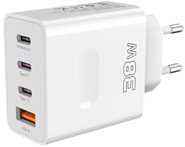 EU Travel Adapter Charger, 38W European Plug Adapter Fast Charging with 3 USB C+1 USB A, European Wall Adaptor EU Plug Fast Charger Compatible with iPhone 17 16 15 14 13 11 Pro Max,Samsung Galaxy