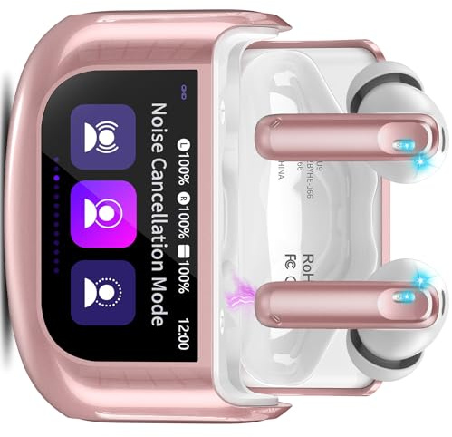 Thunelec Écouteurs Intra-Auriculaires Bluetooth 5.4 à écran Tactile sans Fil avec Micro ANC+ENC antibruit 48 Heures de Temps de Lecture, AI Ecouteur Traducteur Instantané avec 165 Langues, Rose