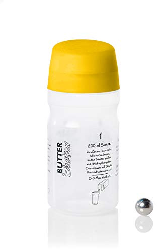 Butter Machen im patentierten Butter-Shaker. 200 ml Sahne ergeben 75g Butter + 125 ml Buttermilch. Extrem viele Gourmetsorten möglich. Von süß bis würzig. 325ml-Modell in GELB