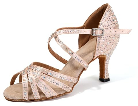 SWDZM Chaussures de Danse Latine Femme Satin et Paillettes Strass Professionnel Salsa Tango Bachata Chaussures de Danse,L377,Talon-7.5cm,Rose,41 EU