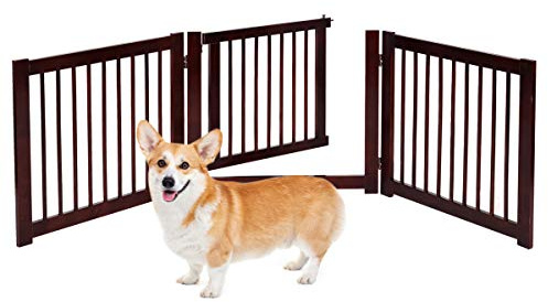 RELAX4LIFE Absperrgitter Hunde 3-teilig, Schutzgitter Holz 360° klappbar, Hundeabsperrgitter mit Einer Tür, Türschutzgitter für kleines Tier, für Küchen/Treppe/Garten, 206 x 61 x 1,8 cm