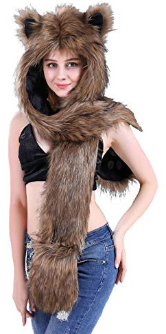 Women's Faux Fur 3 in 1 Hat, Gloves, Scarf - Full Hood, Warm, Soft, Fluffy Trapper Hat with Mitten Pocket Gloves - Long Scarf