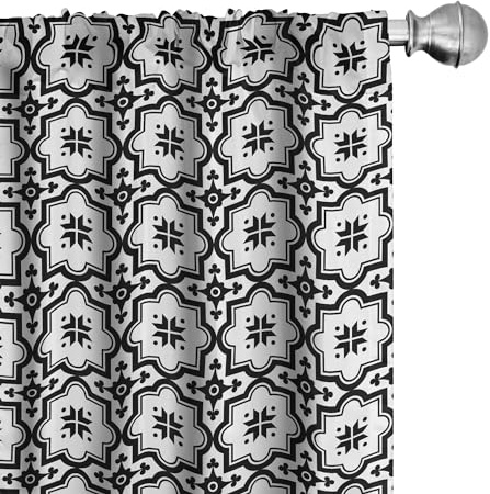 ABAKUHAUS Marocchino Tenda a Pannello Set di 2, Monochrome Disegno delle mattonelle, Trattamento della Finestra per Stanza e Camera da Letto, 150 cm x 225 cm, Nero Bianco