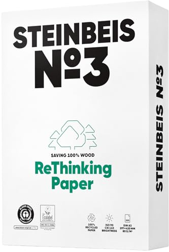 Steinbeis No. 3 Druckerpapier – 2500 (5 x 500) Blatt DIN A3 Recycling-Papier 80 g/m², Weiß & Chlorfrei, hochwertiges Kopierpapier ISO 90 / CIE 110