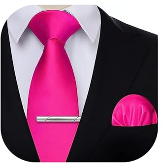 HISDERN Krawatte für Herren Fuchsia - Krawatte mit Einstecktuch Krawattenklammer Hochzeit Einfarbig Seide Krawatten und Taschentuch Set für Männer