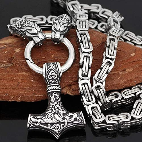 QQTQQ Nordischer Wikinger Thors Hammer Mjolnir Talisman Anhänger, Männer Vintage Edelstahl Wolfskopf Byzantinische Kette Schmuck,Silver-50CM/20″