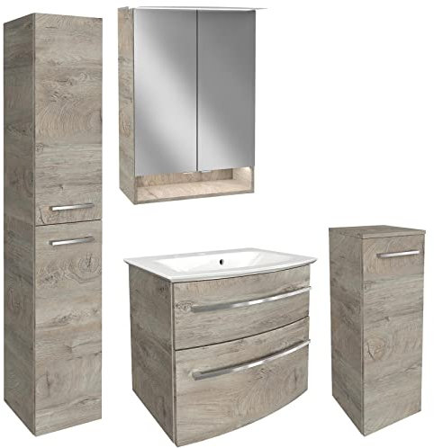 FACKELMANN Badmöbel Set B.Style 5-TLG. Dunkelbraun Unterschrank rechts & Mineralgusswaschbecken & LED Spiegelschrank - Made in Germany