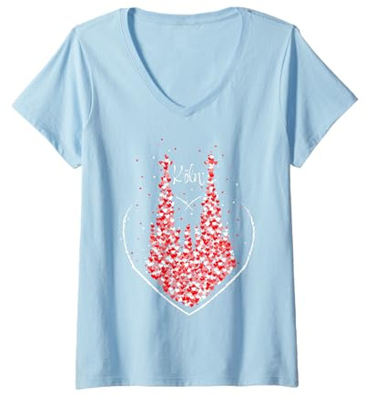 Damen Rot Weiss Köln Kölner Dom Karneval Fasching Kostümersatz T-Shirt mit V-Ausschnitt