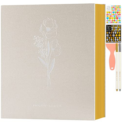 Lanpn Fotoalbum Selbstklebend Einkleben Scrapbook, Leinen Groß Weiße Seiten Fotobuch zum Selbstgestalten mit Metallischer Stift 10x15 13x18 A5Bilder Kleine-40 Blatt/80 Seiten,Beige