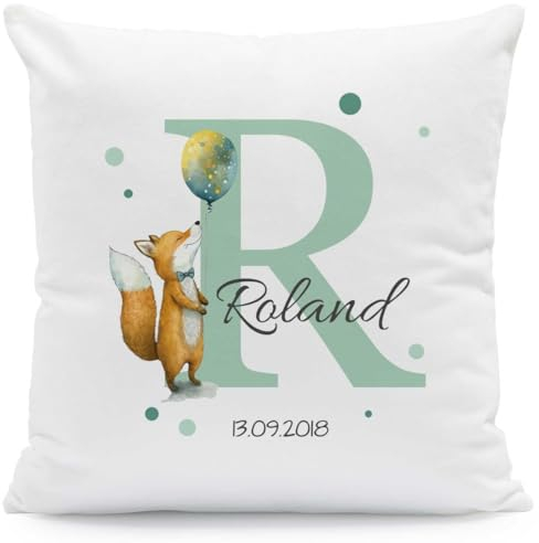 GRAVURZEILE Personalisiertes Deko Kissen mit Tiermotiv und Initiale - Personalisiert mit Name & Datum - 40x40 cm - Mit Füllung - Personalisierte Geschenke für Weihnachten und Geburtstag - Fuchs