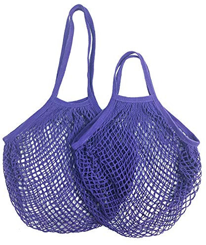 4 STK Netz Einkaufstasche – 2 Größen Netz Tasche Baumwolle mit Griff Wiederverwendbare Faltbar Netzbeutel Tragbar Netztasche Waschbare Netz Beutel für Sandspielzeug,Obst Gemüse Netzbeutel -Lila