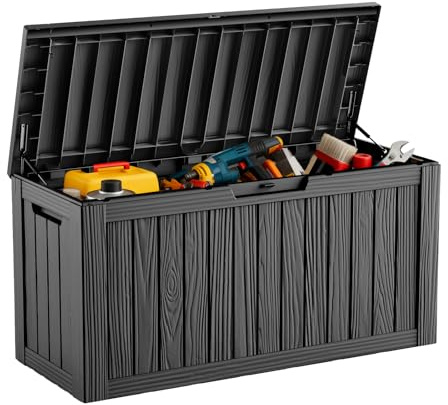 DRATO 80 Gallon Deck Box, Waterproof Resin Large Outdoor Storgae Box for Patio Furniture, Patio Cushions, Gardening Tools, Pool and Sports Supplies, Lockable,Black