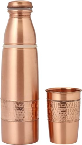 ANCIENTIMPEX Gourde en cuivre martelé 900 ml avec verre sans couture et anti-fuite pour visites ayurvédiques