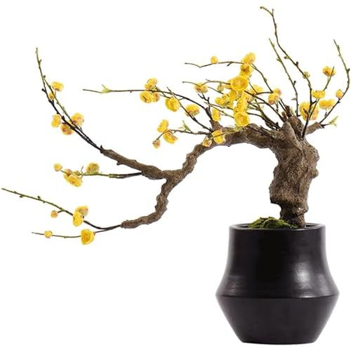 HSHTTKL Künstlicher Bonsai-Baum im chinesischen Stil, simulierter Pflaumenbaum mit schwarzem Keramiktopf, Desktop-Kunstbaum für Heim- und Bürodekoration