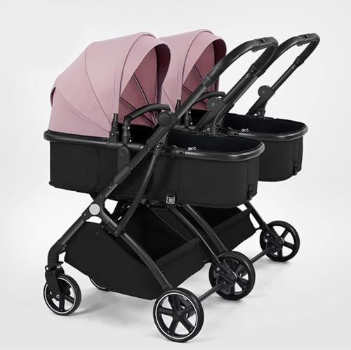 Zusammenklappbarer Doppelsitz-Tandem-Kinderwagen, Zwillings-Kinderwagen, Hochformat, wendbar, leicht faltbar, UV-Schutz, Kinderwagen-Baldachin, geländegängiger, teilbarer Kinderwagen, Pink