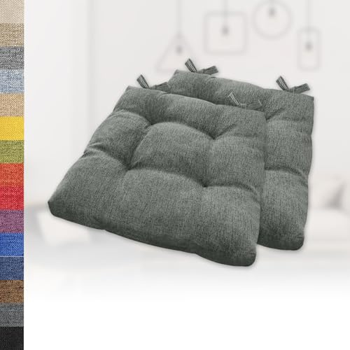 Lsjoaw 2er Set Sitzkissen 30x30x6cm Gemütliche Stuhlkissen mit Bindebänder Polster Auflage Sitzpolster Stuhlauflage Sitzpolster für Gartenstuhl Küche oder Esszimmer Quadrat Leinenimitat Grau GrüN