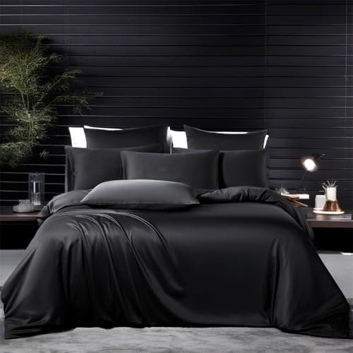 Boqingzhu Kühlende Bettwäsche Bambus 135x200 cm Schwarz Sommer Einzelbett Luxus Lyocell Seide Bettwäsche Set Bettbezug mit Reißverschluss und Kissenbezug 80x80cm
