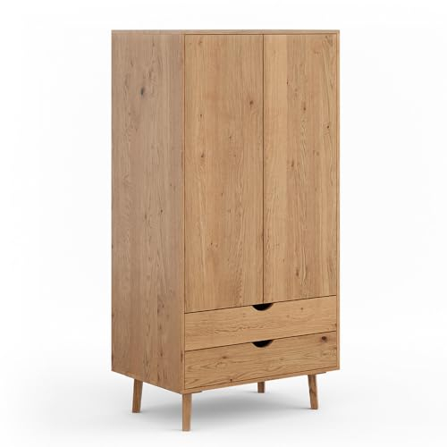 Lomadox Kleiderschrank Drehtürenschrank klein 90 cm breit 2 Schubladen 2 Türen Eiche massiv
