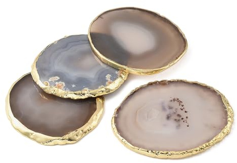 XhuangTech 4 Pcs Agate Slice Coasters with Golden Edge, 8-10 cm 80g ca./pc Natural Stone Drink Coasters Cup Mats Sets with Anti-Slip Stickers for Home/Office/Desk/Bar Wine Glass Coffee Tea (White)