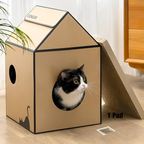 Conlun Katzenhaus 33x32x50cm, Indoor Kratzbrett Katze, Kompakte Pappe | Stabiler Karton | ideal für kleine Räume | bis 6kg | fängt Krümel auf | 1 Min Aufbau, Katzenhöhle