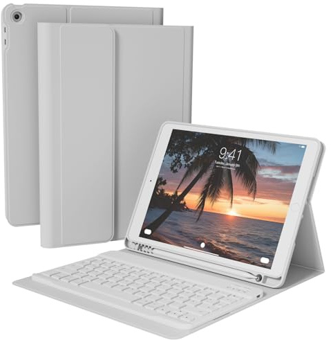 KVTVOU Tastatur Hülle für iPad 9. 8. 7. Generation 10,2 Zoll, Grau | mit Stifthalter, Magnetisch Bluetooth Abnehmbarer Tastatur, Weiche TPU Rückseite, QWERTZ Layout, 2021/2020/2019