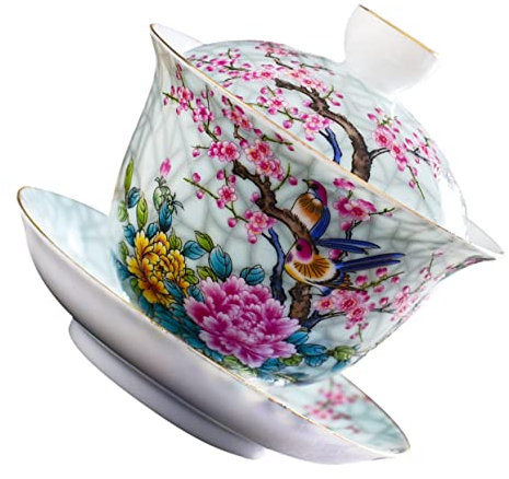FUNOMOCYA Teeservice Mit Deckel Aus Keramik Tasse Und Untertasse Mit Blumen Und Vogelmotiven Für Oolong-Tee Puer-Tee Schwarzen Tee Weißen Tee Geeignet Für Zuhause Und Empfangsraum
