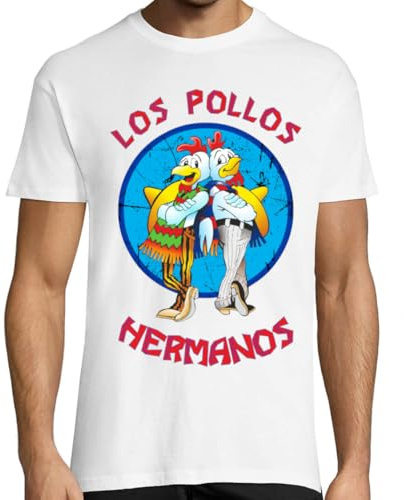 KMF T-SHIRT | Camiseta Hombre, algodón 150g | Manga Corta, Cuello Redondo, Estilo Moderno | Diseño Los Pollos Hermanos, Suave y Resistente, para Uso Diario (L, Blanco)
