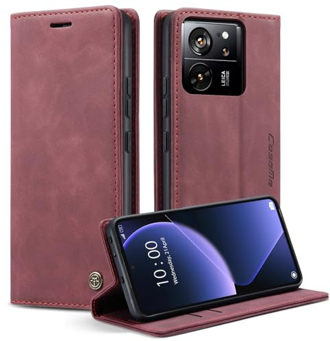 WJXEXRS Handyhülle für Xiaomi 13T / 13T Pro 5G Hülle Premium Leder Schutzhülle Klappbar mit Kartenfach Ständer Magnet Handytasche mit Flip Case Klapphülle für Xiaomi Mi 13T 5G / 13T Pro 5G -Weinrot