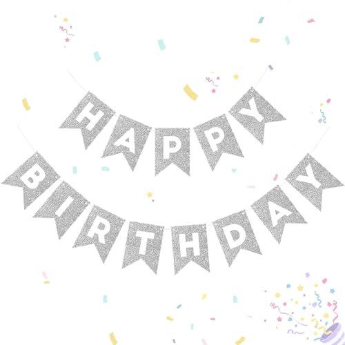 Silver Shine Happy Birthday Bunting, Kraft Paper Banner Flag for Kid Children Adult Birthday Party Decoration