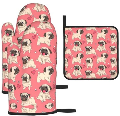Divertente set regalo di guanti da forno e presine con stampa di un cucciolo di carlino del fumetto, resistenti al calore, impermeabili