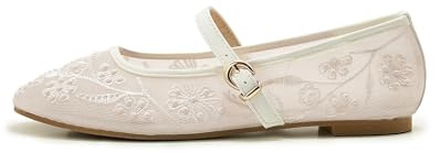ATBELL Zapatos planos de ballet de malla bordada para mujer, punta redonda, color blanco, perla, correa de hebilla, casuales, cómodos, Mary Jane, Blanco perla, 39 EU