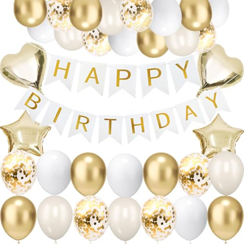 Geburtstagsdeko Gold, Sand Weiß Party Deko Happy Birthday Banner Konfetti Luftballons Hellgold Folienballon für Frauen Mädchen Geburtstag Deko (Weiß gold ohne nummer)