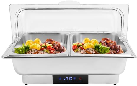 Chafing Dish électrique 9L 600W Chauffe plats acier inoxydable Chauffe buffet Récipient chauffant Chafing Dish Buffet Warmer Set contrôle de température Transparent pour Buffet Cateri (2 compartiment)