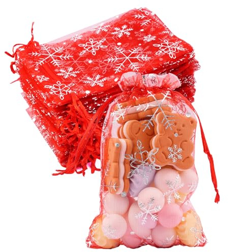 10x15 CM Organzasäckchen Weihnachten, 50 Stück Rot Organzabeutel | Kleine Organza Säckchen für Geschenk Weihnachten Deko, Bonbons Geschenk Schmuckbeutel