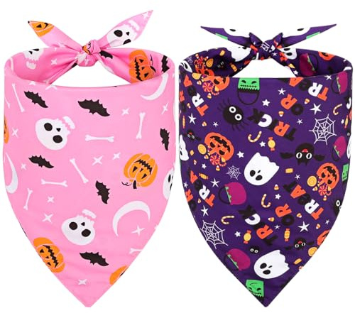 SZEE Foulard per cani di Halloween, bandana per cani, decorazione regalo con motivo a zucca, fazzoletti lavabili per cani di taglia piccola, media/grande, per animali domestici, viola+rosa, XL