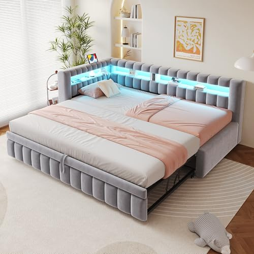 RIAZOS Polsterbett Schlafsofa 90/180 x 200 cm, Einzel/Doppelbett mit LED USB, L-förmiger Rückenlehne mit Staufach, Ausziehbares Bettgestell, Daybett Tagesbett Gästebett, Samt, Hellgrau, ohne Matratze