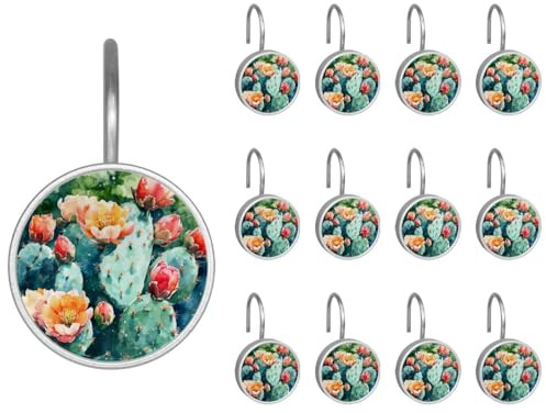 Lot de 12 crochets ronds décoratifs pour rideau de douche, motif cactus fleuri, antirouille pour tringles de douche et doublure