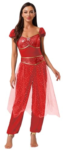 Sxiwei Damen Bauchtanz Outfit Kostüm Indischer Tanz Arabische Prinzessin Jumpsuit Mit Pailletten Professionelle Tänzerinnen Kostüme Karneval Halloween Rot XXL