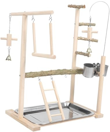 UTHCLO Parrot Spielständer aus Naturholz mit Futterstation und Schaukel Dekoratives Vogelspielzeug für Papageien und Wellensittiche Interaktiver Vogelspielplatz für Gesunde Aktivität und