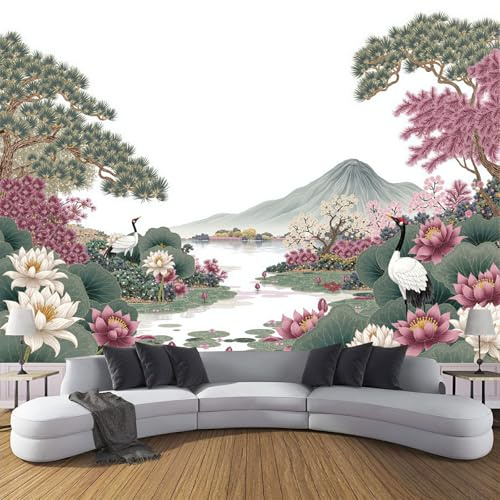 ZISTRCBAO Papier Peint Chaîne De Montagnes Du Lotus De La Grue, Style Artistique Chinois Papier Peint Panoramique Pour Salon Chambre Décoration Murale Poster 350x256cm