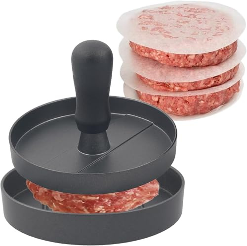 XVICO Burgerpresse mit Patty Trennpapier – Antihaft-Fleischpresse für Burger, Wiederverwendbare Burger-Form mit Griff, Perfekt für Grillzubehör, 100 Stück Trennpapier inklusive