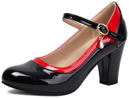 Mary Jane-pumps för kvinnor med klack patentläderblock tvåfärgad design rund tå för vår sommar plus storlekar, svart, 44 EU