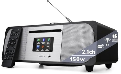 Lettore CD LEMEGA M6P con Radio DAB/DAB+/FM,Bluetooth,Impianto Hi-Fi Stereo da 150 W con Subwoofer Integrato,Display a Colori da 2,8,40 stazioni Preimpostate, telecomando,Struttura in Legno Acustico
